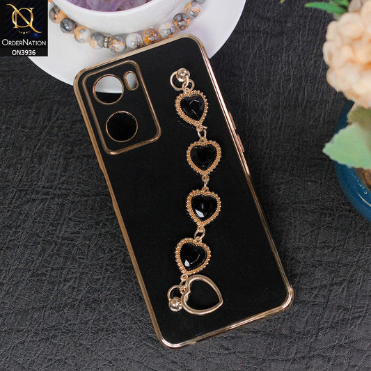 Oppo A57 4G 2022 Cover - Black - New Electroplating Silk Shiny Camera Bumper Soft Case With Heart Chain Holder