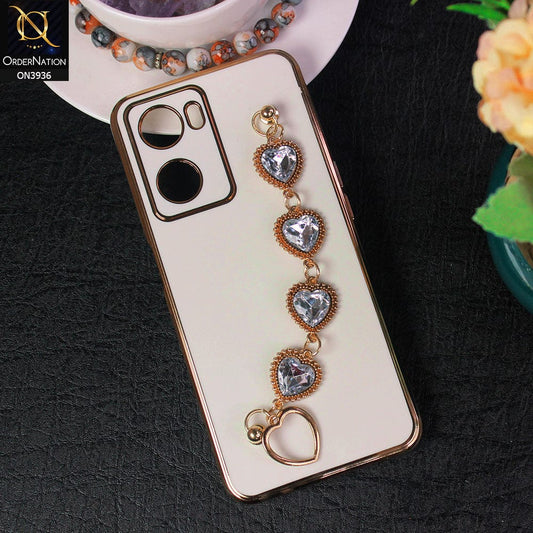 Oppo A77s Cover - White - New Electroplating Silk Shiny Camera Bumper Soft Case With Heart Chain Holder