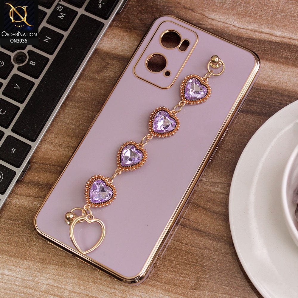 Oppo A76 Cover - Purple - New Electroplating Silk Shiny Camera Bumper Soft Case With Heart Chain Holder