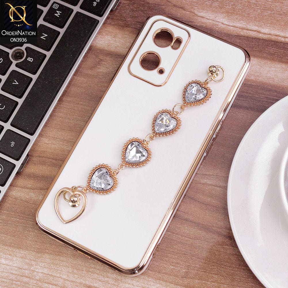 Oppo A76 Cover - White - New Electroplating Silk Shiny Camera Bumper Soft Case With Heart Chain Holder