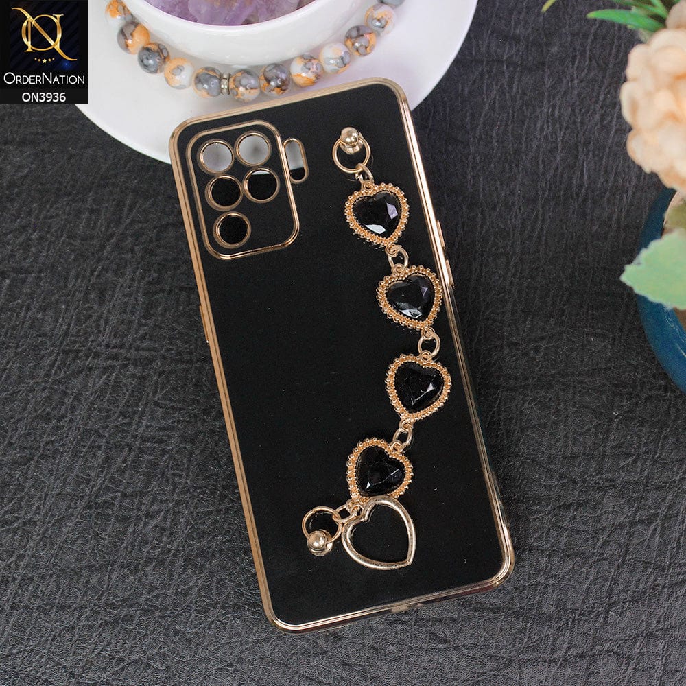 Oppo F19 Pro Cover - Black - New Electroplating Silk Shiny Camera Bumper Soft Case With Heart Chain Holder