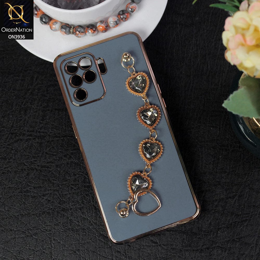 Oppo F19 Pro Cover - Blue - New Electroplating Silk Shiny Camera Bumper Soft Case With Heart Chain Holder