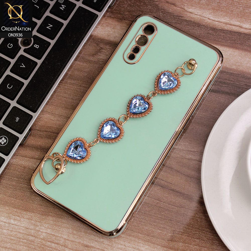 Vivo S1 Cover - Sea Green - New Electroplating Silk Shiny Camera Bumper Soft Case With Heart Chain Holder