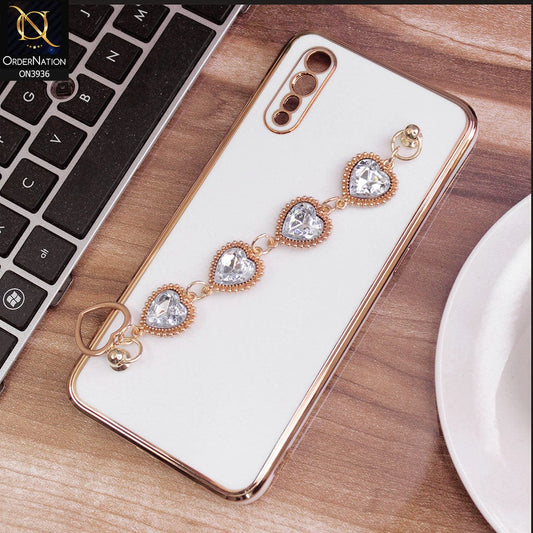Vivo S1 Cover - White - New Electroplating Silk Shiny Camera Bumper Soft Case With Heart Chain Holder