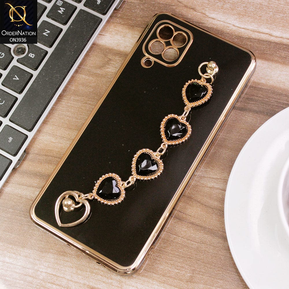 Samsung Galaxy A12 Cover - Black - New Electroplating Silk Shiny Camera Bumper Soft Case With Heart Chain Holder