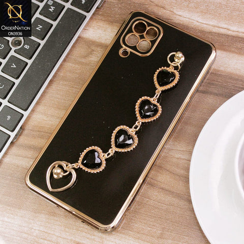 Samsung Galaxy A12 Cover - Black - New Electroplating Silk Shiny Camera Bumper Soft Case With Heart Chain Holder