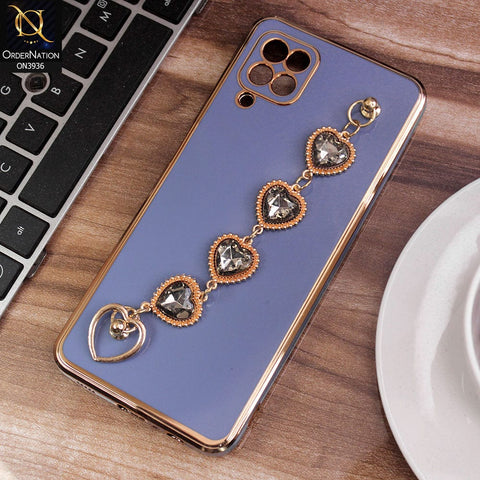 Samsung Galaxy A12 Cover - Blue - New Electroplating Silk Shiny Camera Bumper Soft Case With Heart Chain Holder