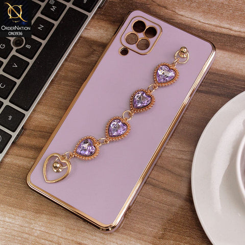 Samsung Galaxy A12 Nacho Cover - Purple - New Electroplating Silk Shiny Camera Bumper Soft Case With Heart Chain Holder