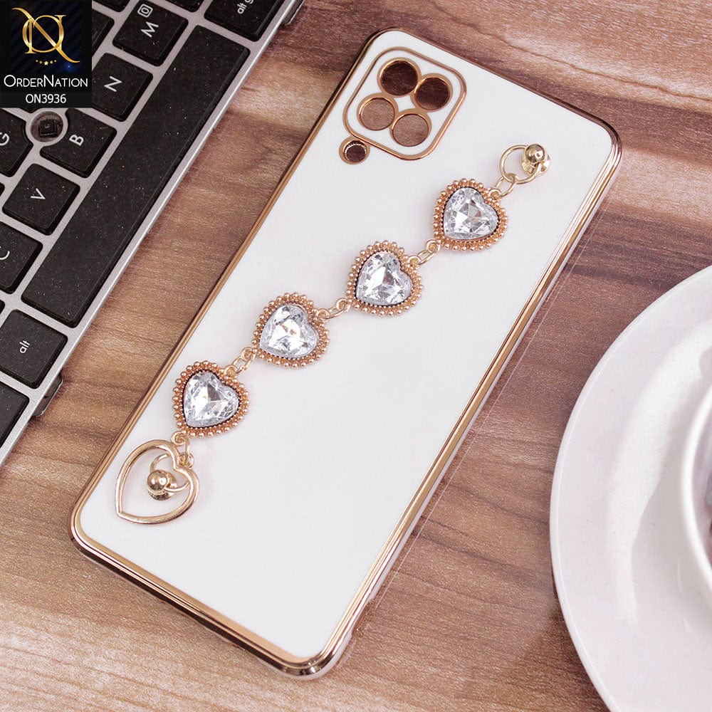 Samsung Galaxy A12 Cover - White - New Electroplating Silk Shiny Camera Bumper Soft Case With Heart Chain Holder