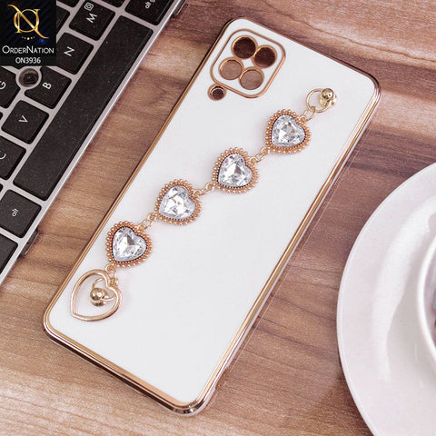 Samsung Galaxy A12 Cover - White - New Electroplating Silk Shiny Camera Bumper Soft Case With Heart Chain Holder