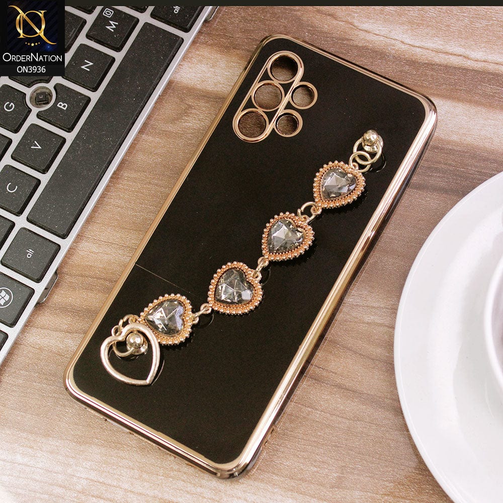 Samsung Galaxy A32 Cover - Black - New Electroplating Silk Shiny Camera Bumper Soft Case With Heart Chain Holder