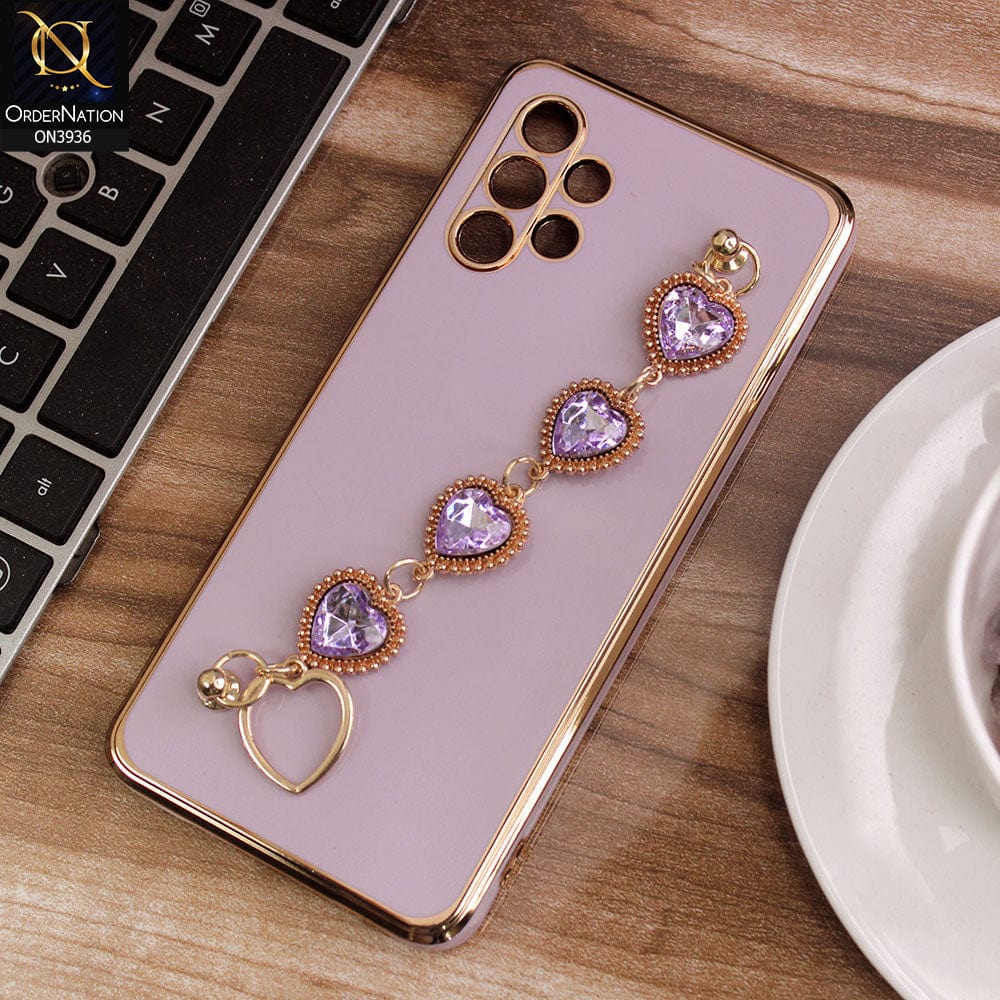 Samsung Galaxy A32 Cover - Purple - New Electroplating Silk Shiny Camera Bumper Soft Case With Heart Chain Holder