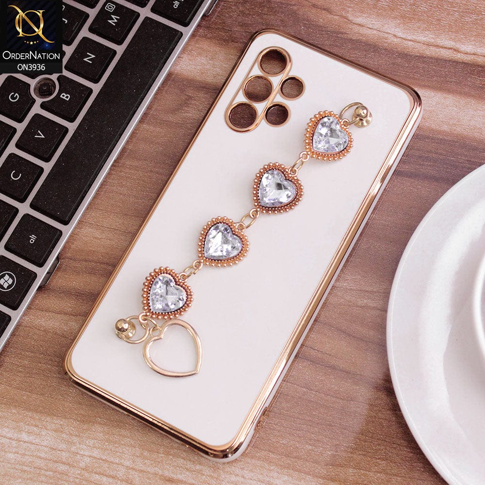Samsung Galaxy A32 Cover - White - New Electroplating Silk Shiny Camera Bumper Soft Case With Heart Chain Holder