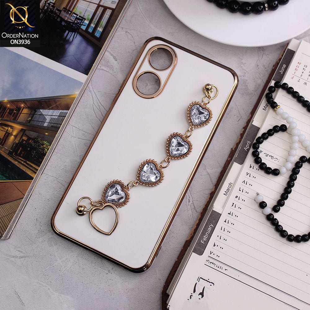 Vivo Y02s Cover - White - New Electroplating Silk Shiny Camera Bumper Soft Case With Heart Chain Holder