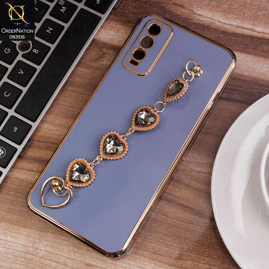 Vivo Y20a Cover - Blue - New Electroplating Silk Shiny Camera Bumper Soft Case With Heart Chain Holder