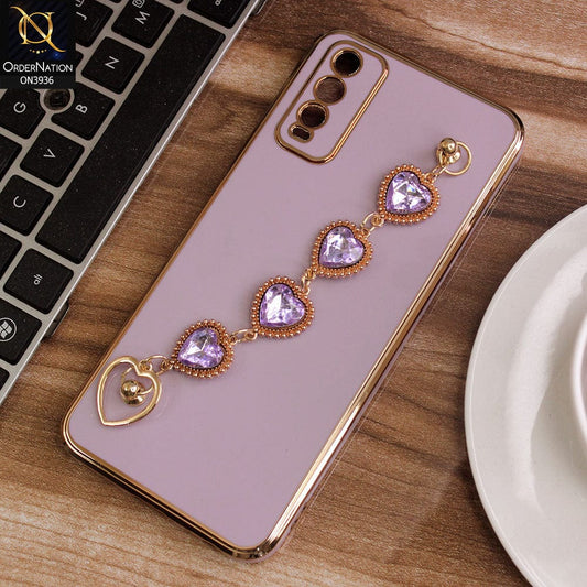 Vivo Y20T Cover - Purple - New Electroplating Silk Shiny Camera Bumper Soft Case With Heart Chain Holder
