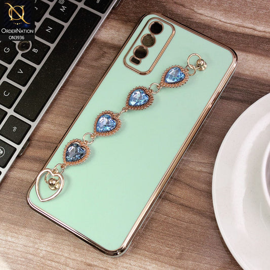 Vivo Y20T Cover - Sea Green - New Electroplating Silk Shiny Camera Bumper Soft Case With Heart Chain Holder