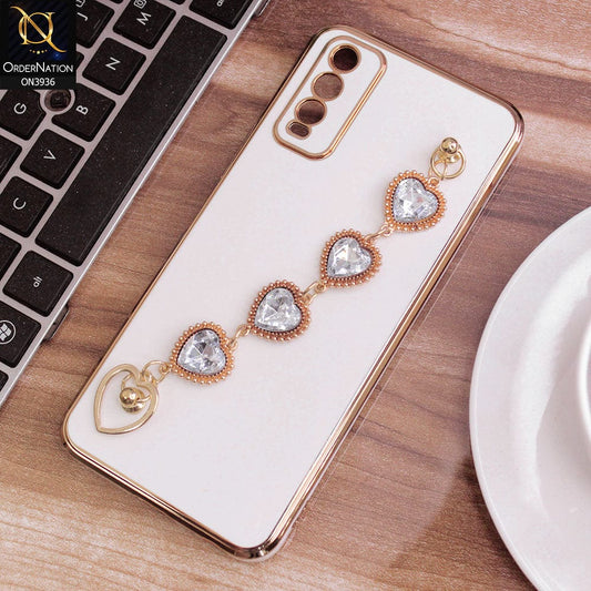 Vivo Y20a Cover - White - New Electroplating Silk Shiny Camera Bumper Soft Case With Heart Chain Holder