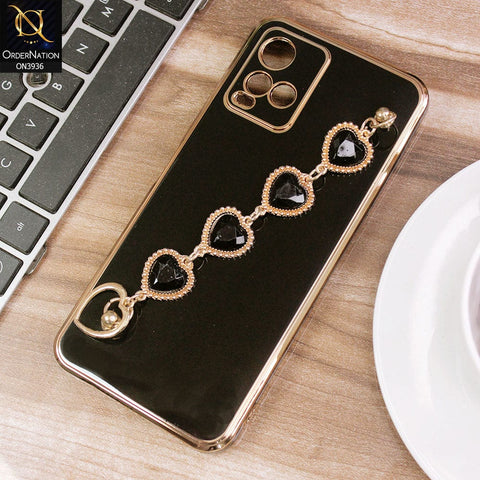 Vivo Y21e Cover - Black - New Electroplating Silk Shiny Camera Bumper Soft Case With Heart Chain Holder
