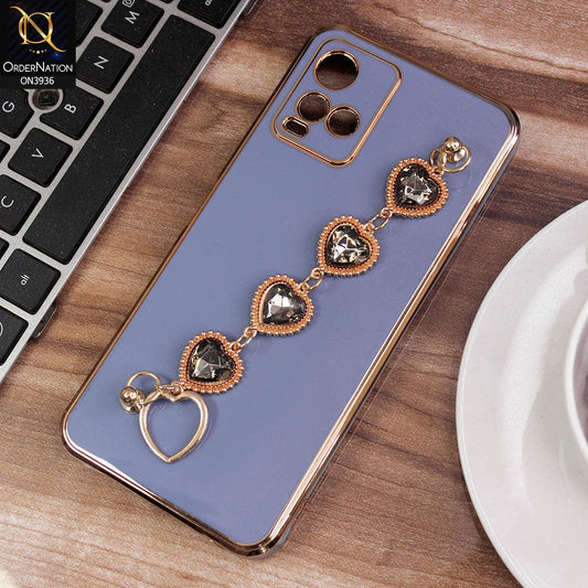 vivo Y33t Cover - Blue - New Electroplating Silk Shiny Camera Bumper Soft Case With Heart Chain Holder