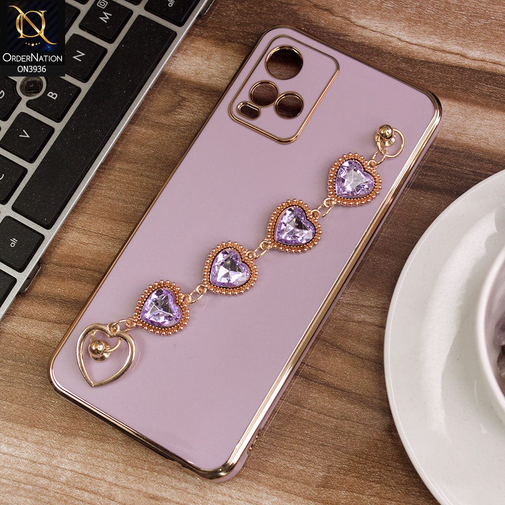 vivo Y33t Cover - Purple - New Electroplating Silk Shiny Camera Bumper Soft Case With Heart Chain Holder