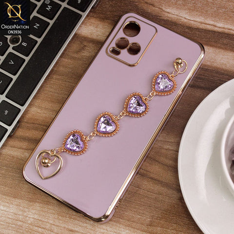 Vivo Y21e Cover - Purple - New Electroplating Silk Shiny Camera Bumper Soft Case With Heart Chain Holder