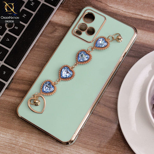 Vivo Y33s Cover - Sea Green - New Electroplating Silk Shiny Camera Bumper Soft Case With Heart Chain Holder