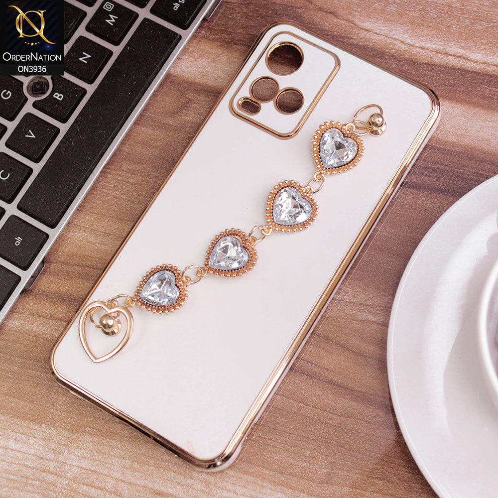 Vivo Y33s Cover - White - New Electroplating Silk Shiny Camera Bumper Soft Case With Heart Chain Holder