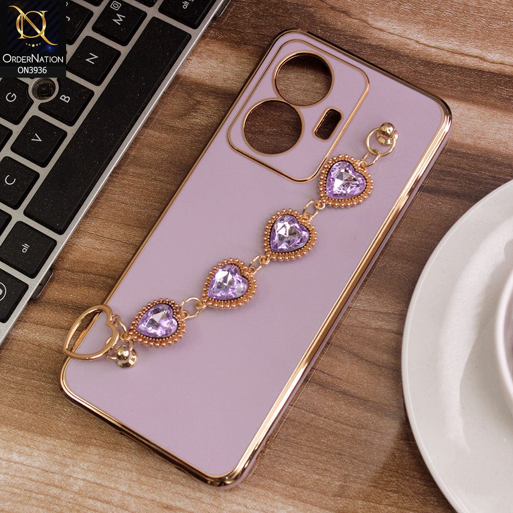 Vivo Y55 4G Cover - Purple - New Electroplating Silk Shiny Camera Bumper Soft Case With Heart Chain Holder