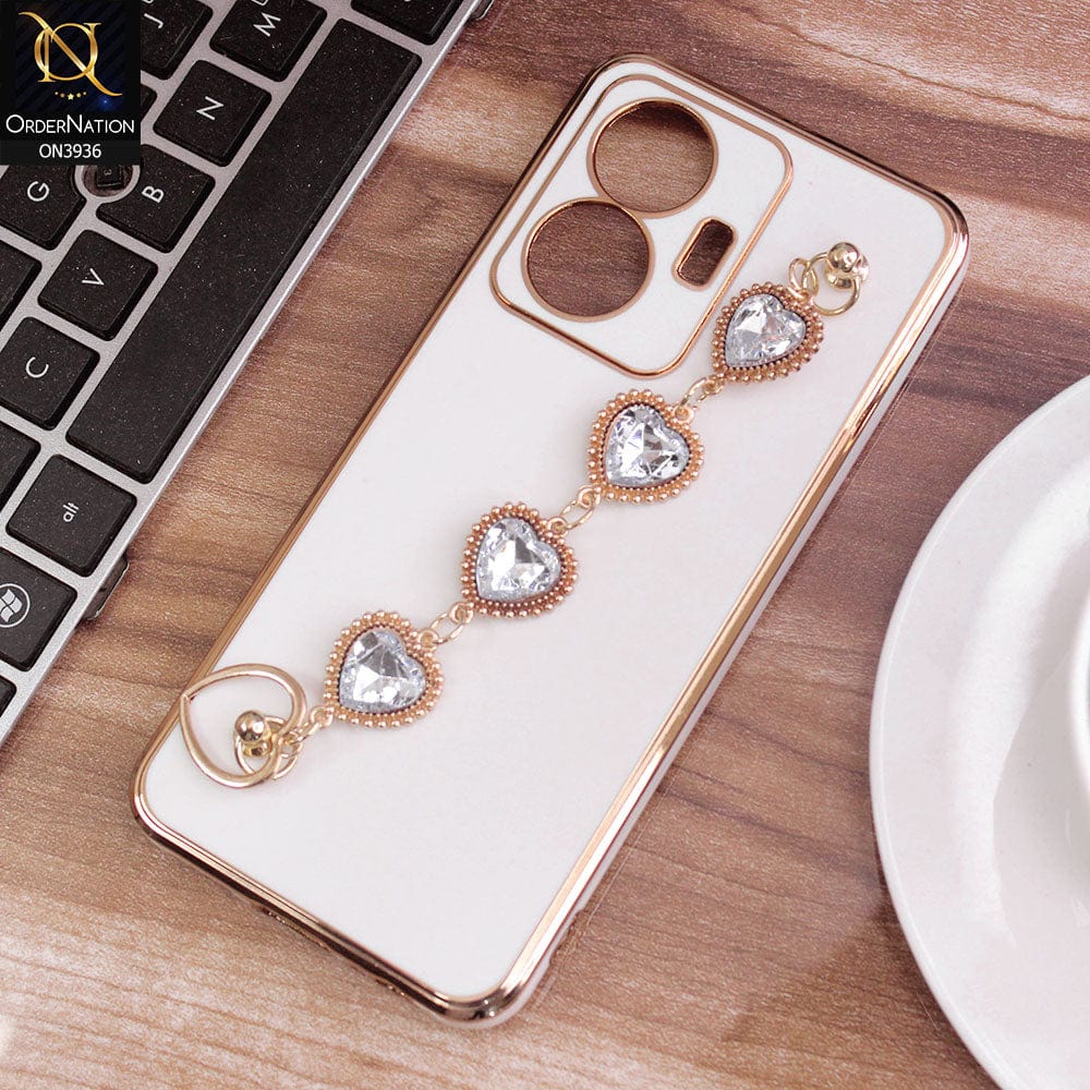 Vivo Y55 4G Cover - White - New Electroplating Silk Shiny Camera Bumper Soft Case With Heart Chain Holder