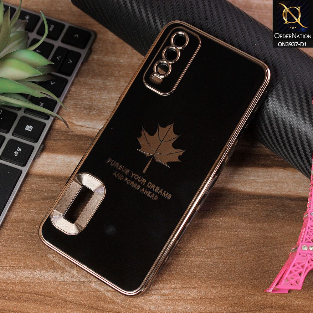 Vivo Y20i Cover - Design 1 - New Electroplating Borders Maple Leaf Chrome logo Hole Camera Protective Soft Silicone Case