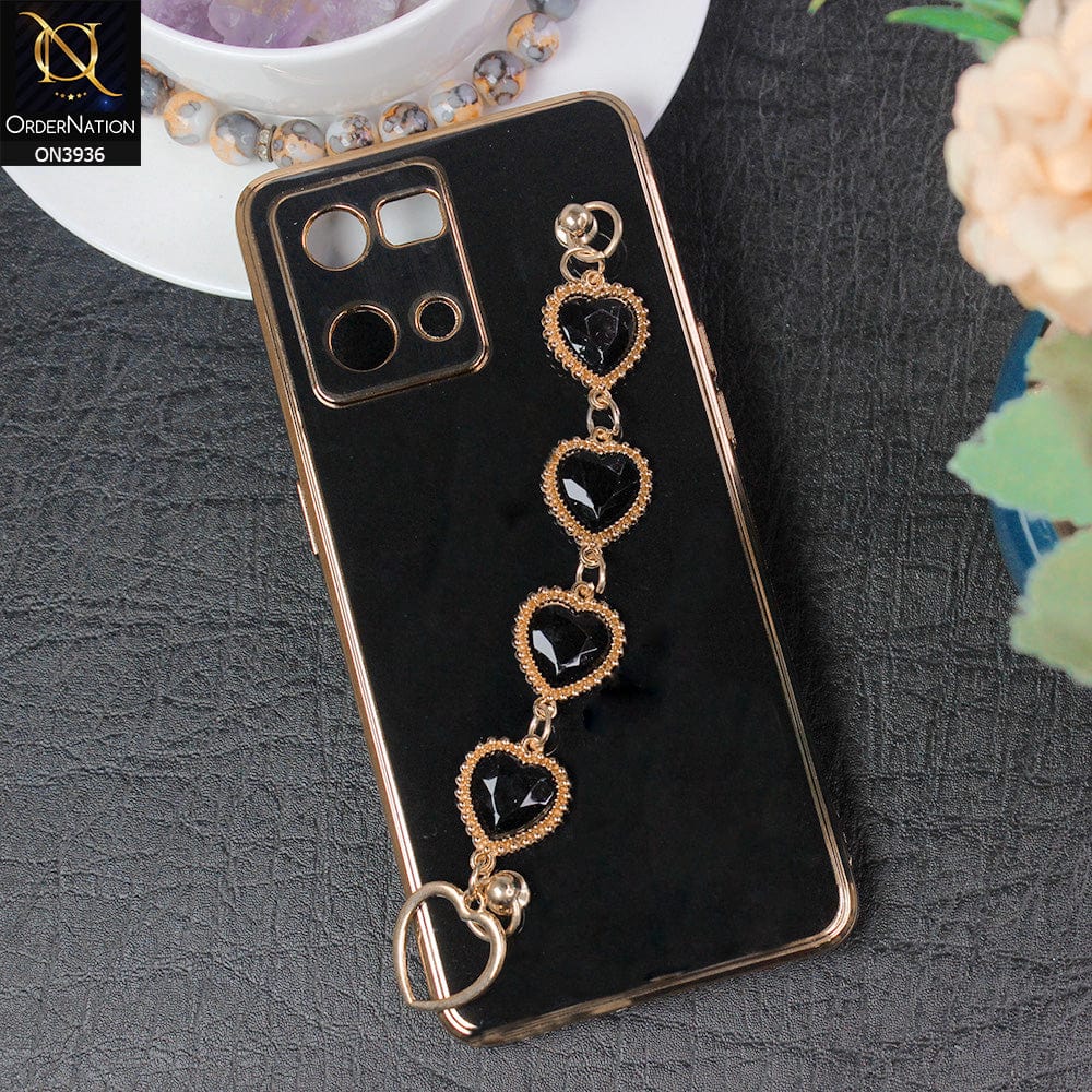 Oppo Reno 7 4G Cover - Black - New Electroplating Silk Shiny Camera Bumper Soft Case With Heart Chain Holder