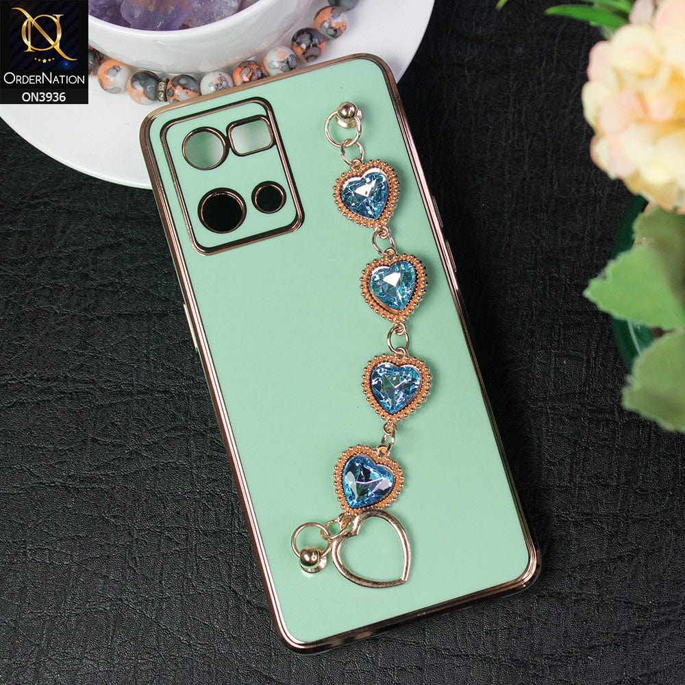 Oppo Reno 7 4G Cover - Sea Green - New Electroplating Silk Shiny Camera Bumper Soft Case With Heart Chain Holder