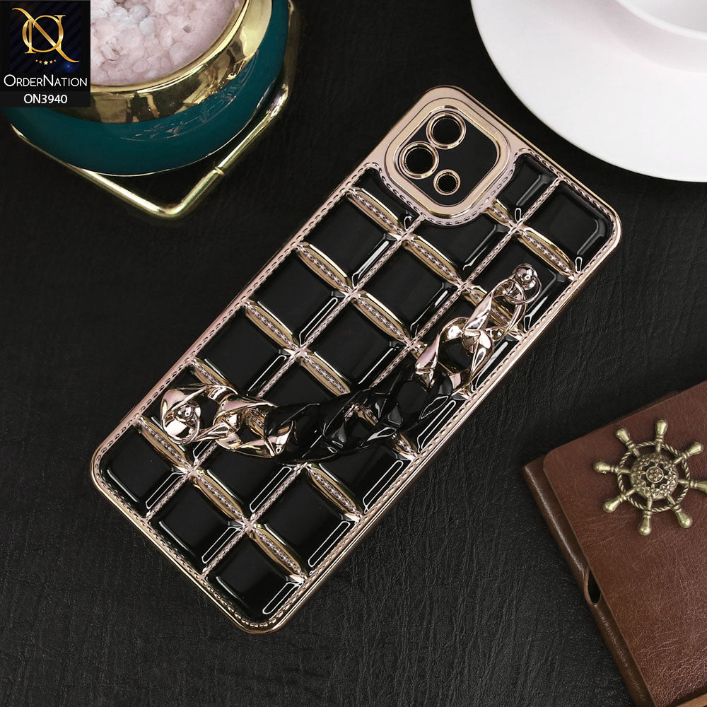 Oppo A16K Cover - Black - 3D Electroplating Square Grid Design Soft TPU Case With Chain Holder