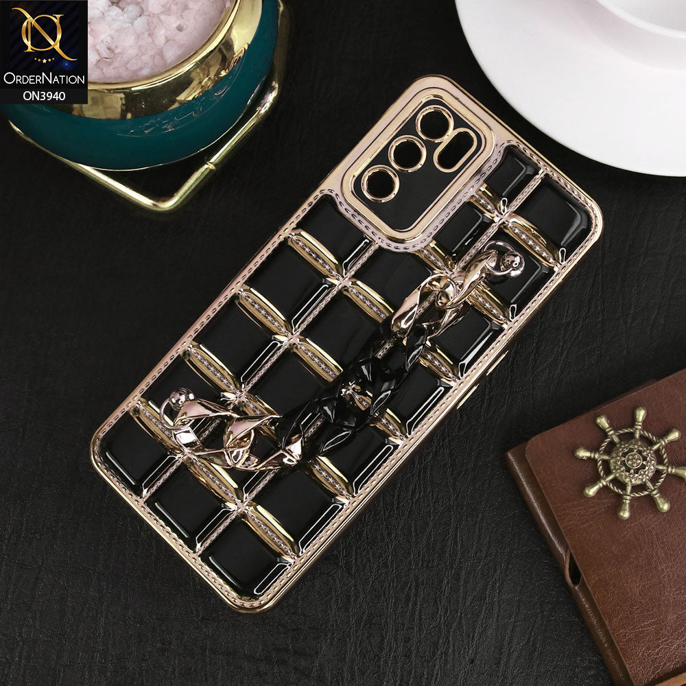 Oppo A55s Cover - Black - 3D Electroplating Square Grid Design Soft TPU Case With Chain Holder