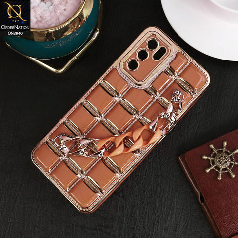 Oppo A55 5G Cover - Brown - 3D Electroplating Square Grid Design Soft TPU Case With Chain Holder