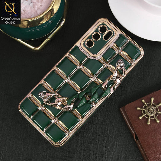 Oppo A55s Cover - Dark Green - 3D Electroplating Square Grid Design Soft TPU Case With Chain Holder