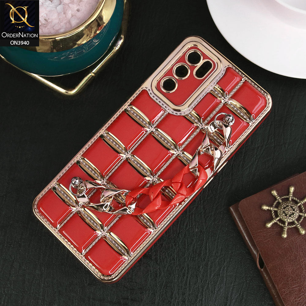 Oppo A16 Cover - Red - 3D Electroplating Square Grid Design Soft TPU Case With Chain Holder
