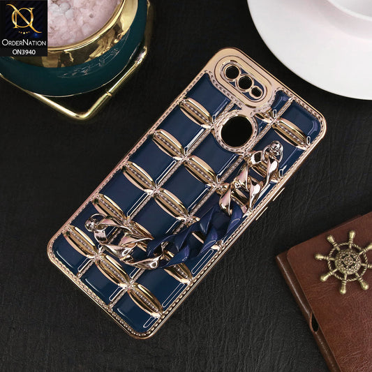 Oppo A7 Cover - Blue - 3D Electroplating Square Grid Design Soft TPU Case With Chain Holder