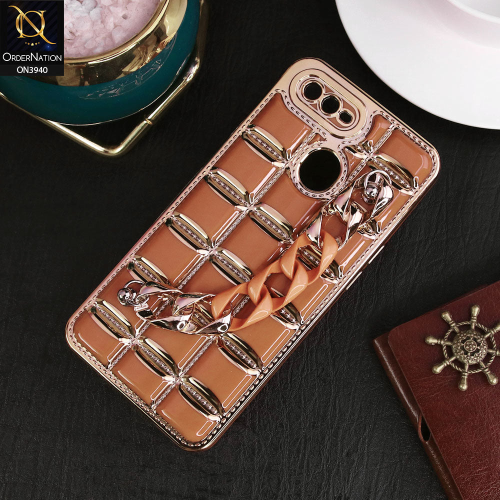 Oppo A7 Cover - Brown - 3D Electroplating Square Grid Design Soft TPU Case With Chain Holder