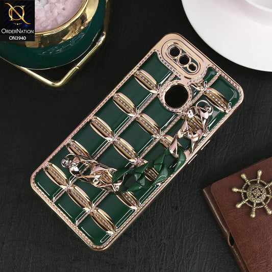 Oppo A7 Cover - Dark Green - 3D Electroplating Square Grid Design Soft TPU Case With Chain Holder