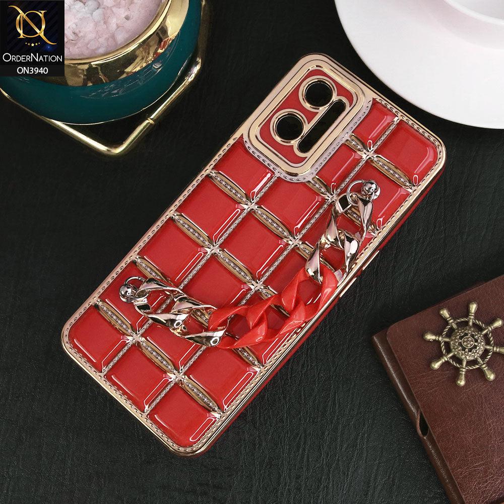Realme 9i Cover - Red - 3D Electroplating Square Grid Design Soft TPU Case With Chain Holder