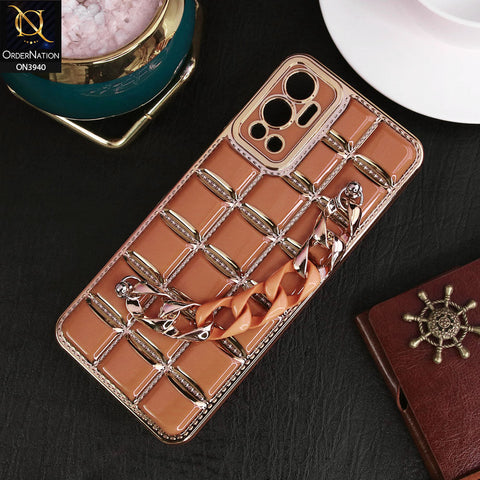 Infinix Hot 12 Cover - Brown - 3D Electroplating Square Grid Design Soft TPU Case With Chain Holder
