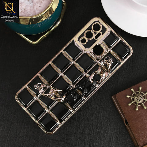 Infinix Hot 12 Play Cover - Black - 3D Electroplating Square Grid Design Soft TPU Case With Chain Holder