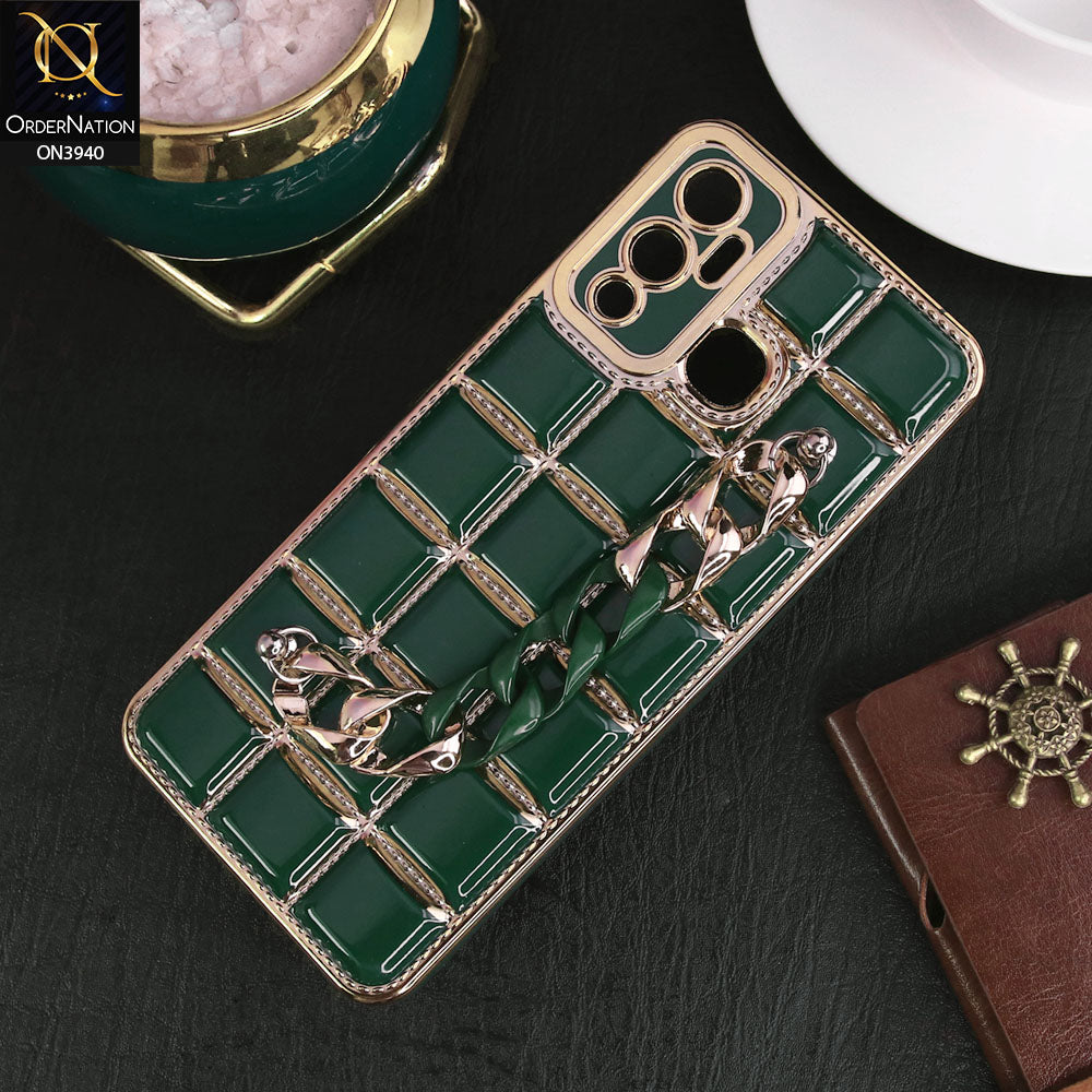 Infinix Hot 12 Play Cover - Dark Green - 3D Electroplating Square Grid Design Soft TPU Case With Chain Holder