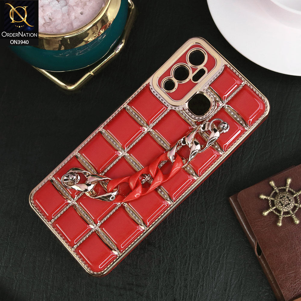 Infinix Hot 12 Play Cover - Red - 3D Electroplating Square Grid Design Soft TPU Case With Chain Holder