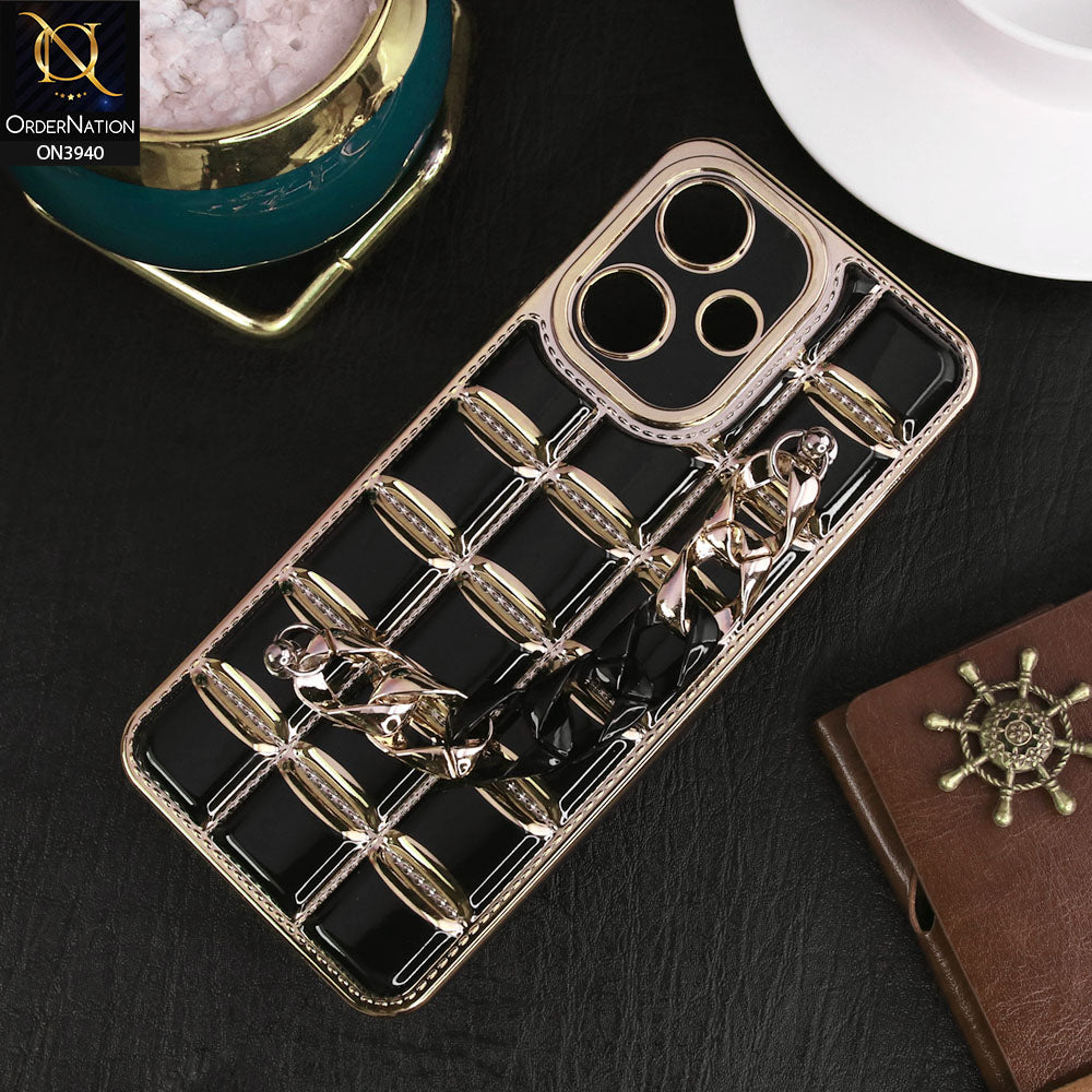 Infinix Hot 30 Play Cover - Black - 3D Electroplating Square Grid Design Soft TPU Case With Chain Holder