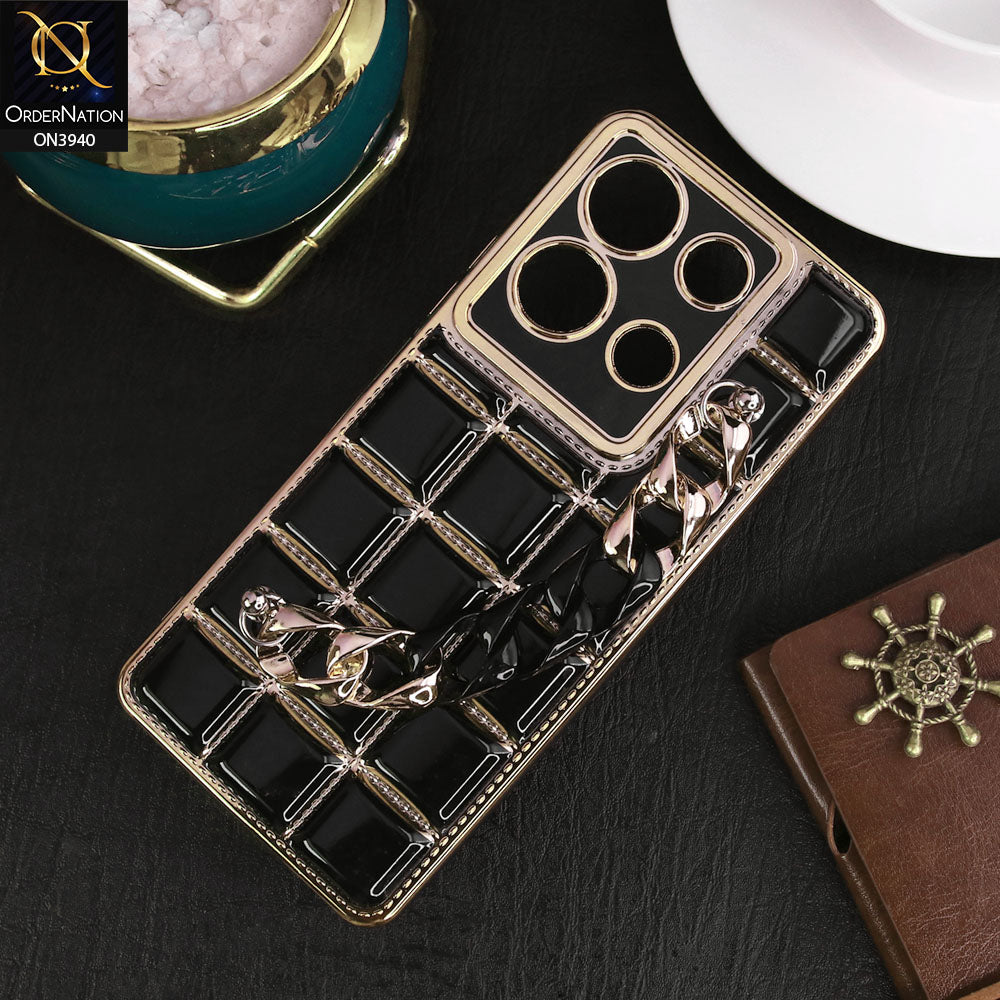 Infinix Note 30 Cover - Black - 3D Electroplating Square Grid Design Soft TPU Case With Chain Holder