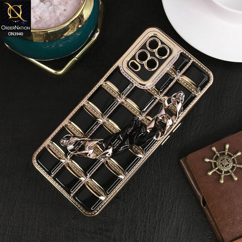 Oppo A54 4G Cover - Black - 3D Electroplating Square Grid Design Soft TPU Case With Chain Holder