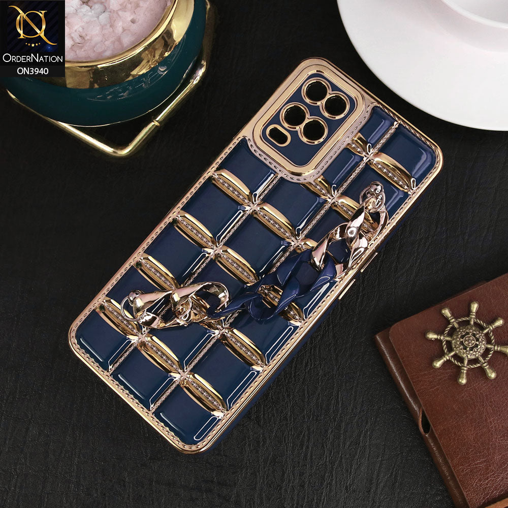 Oppo A54 4G Cover - Blue - 3D Electroplating Square Grid Design Soft TPU Case With Chain Holder